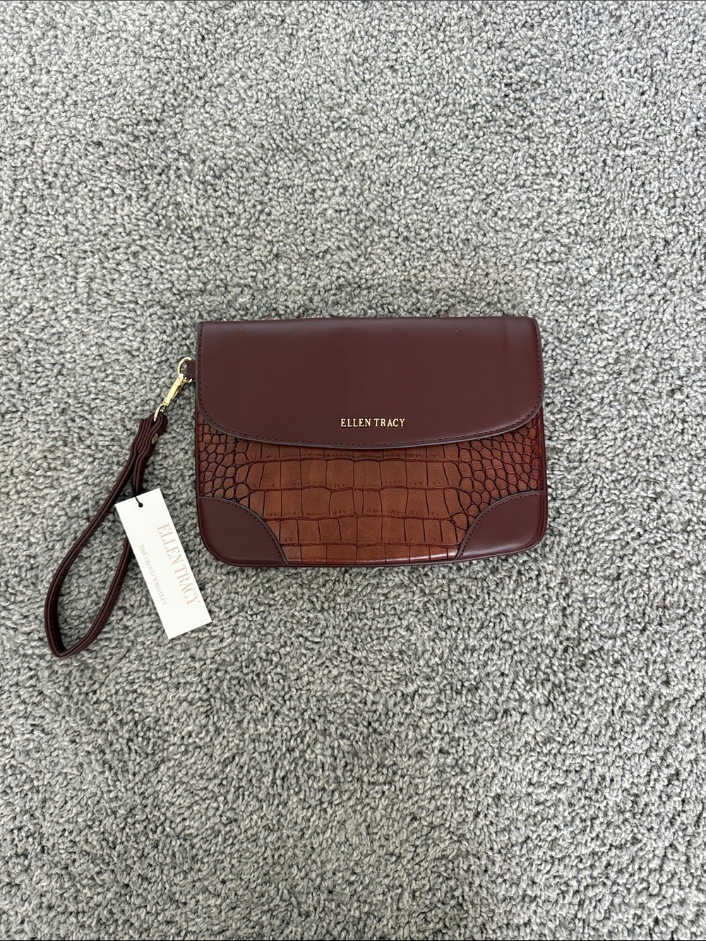 Ellen Tracy Two-Tone Brown Croc-Embossed Wristlet